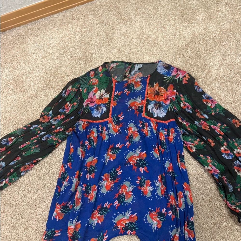 Anthropologie Floral see through Women's Top - Blue and Black medium